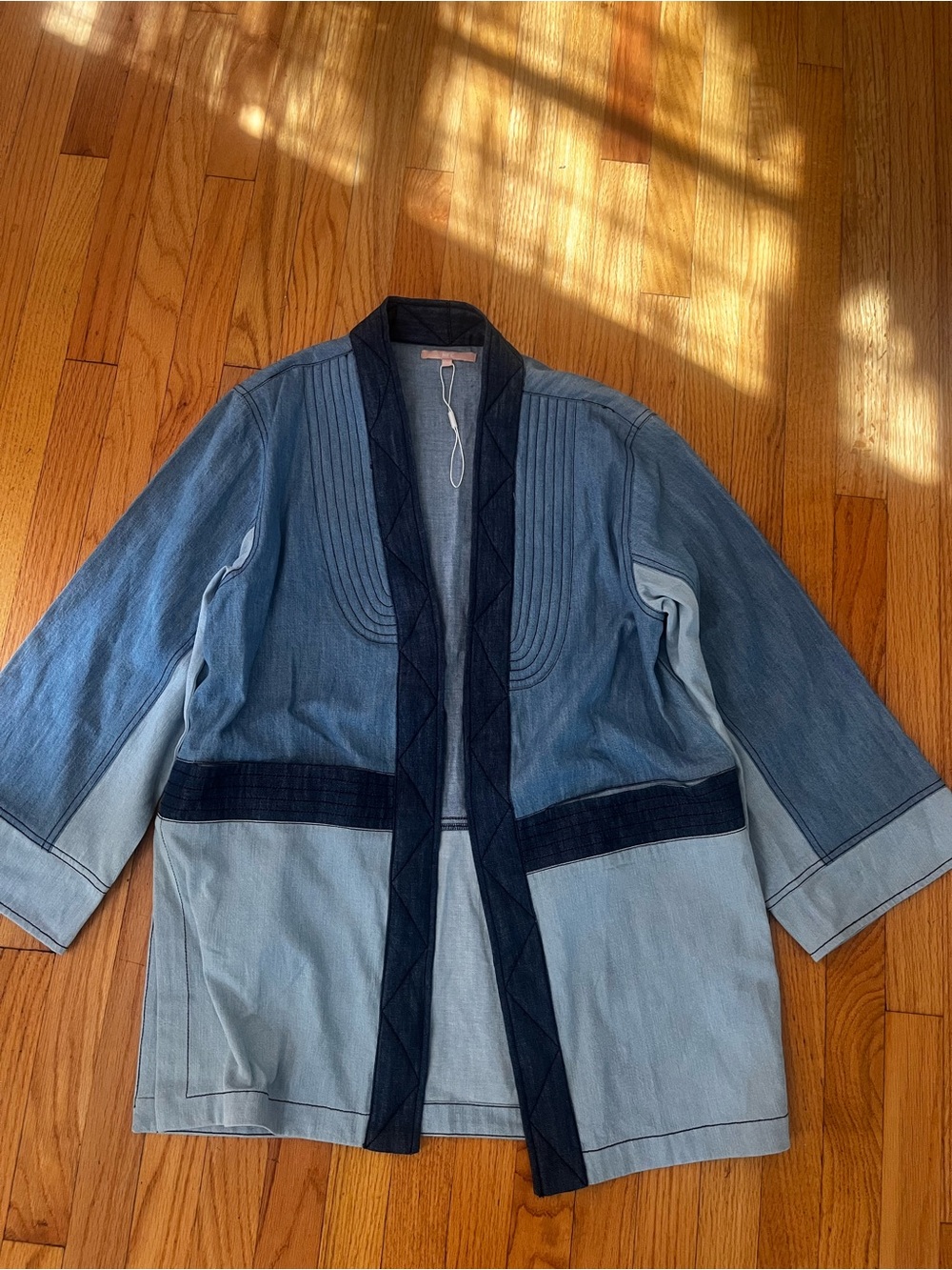 New Friends Colony Free People Patchwork Light and Dark Blue Denim Kimono Jacket